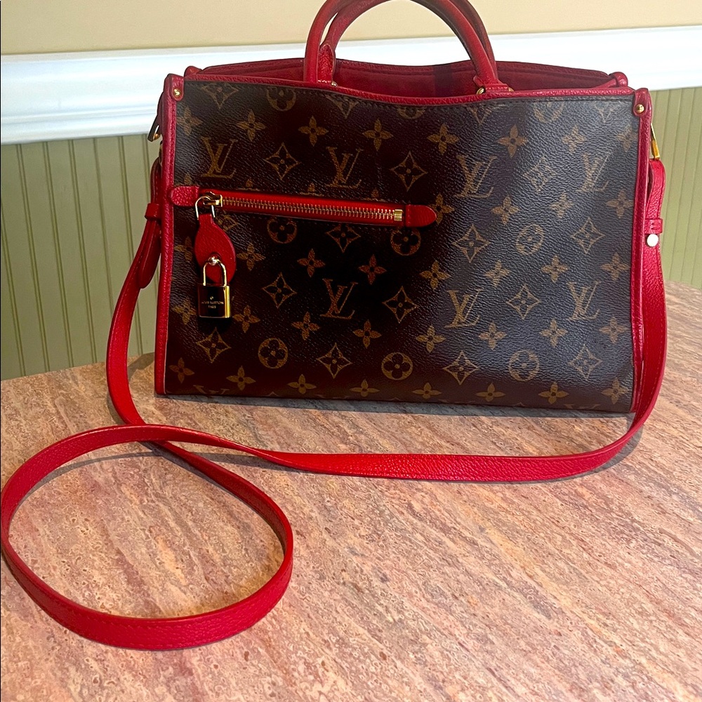 Louis Vuitton Brown Monogram Satchel with Red Trim